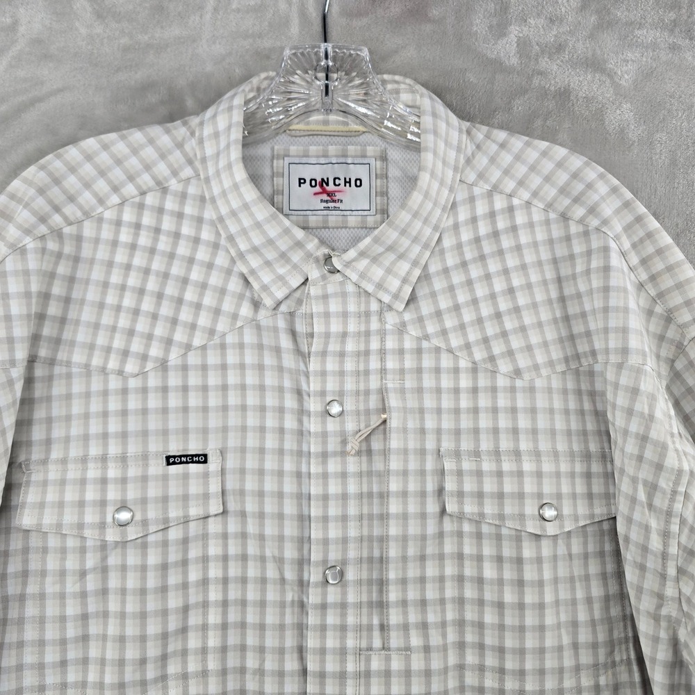 Poncho Western Shirt Mens 2XL Tan White Plaid Pearl Snap Long Sleeve Regular Fit